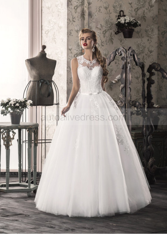 Ball Gown Corset Back Ivory Lace Tulle Floor Length Wedding Dress